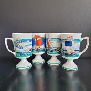 Set x 4 Vintage Footed Ceramic Pedestal Irish coffee Mugs sailboat sailing Japan